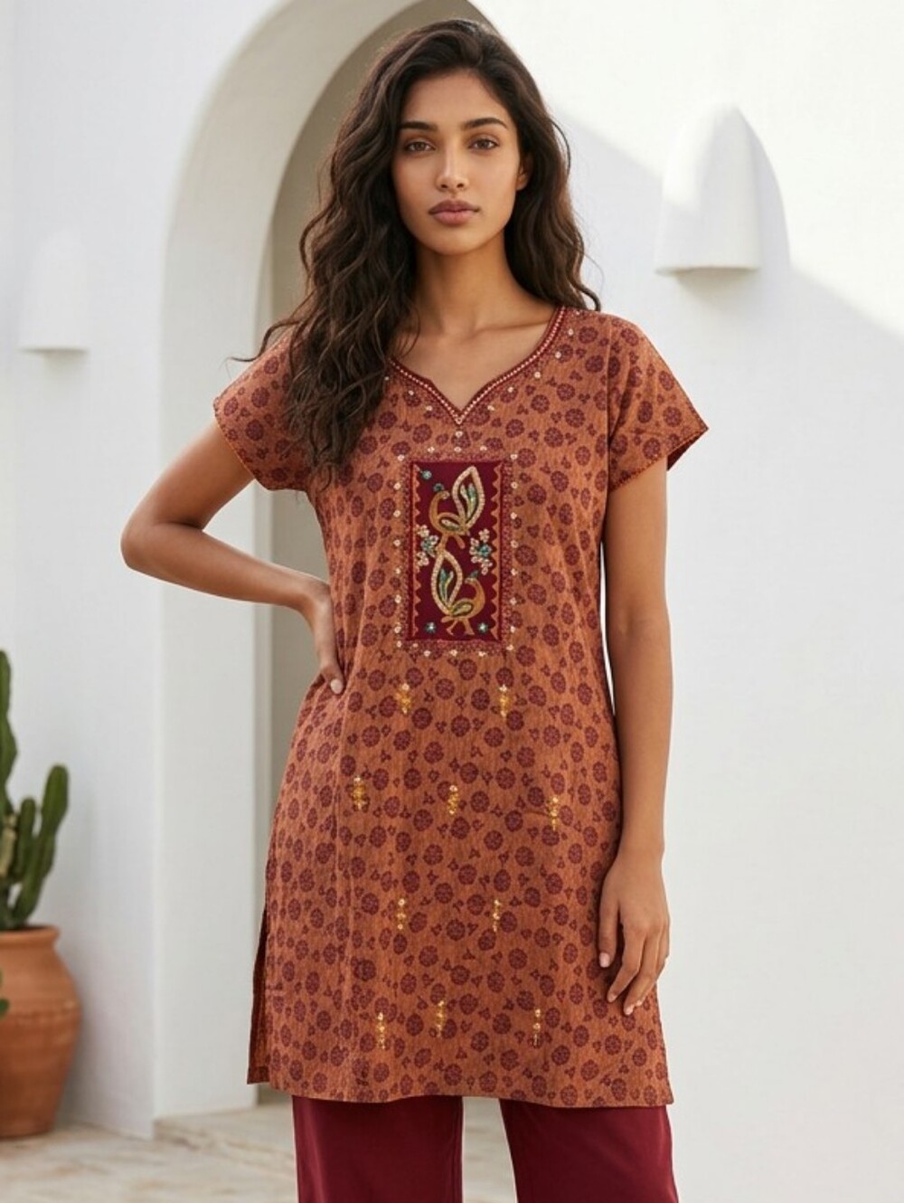 Pakistani Peacock Embroidered Kurta Dress Women's Medium Rust Cotton Boho Tunic